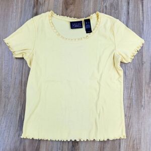 ☔️🍑Liz Claiborne Crazy Horse Yellow Lettuce Trim Short Sleeve Top Small